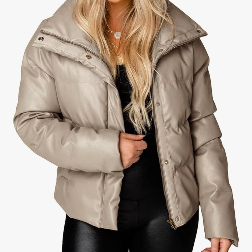 Women's Beige Faux Leather Puffer Jacket